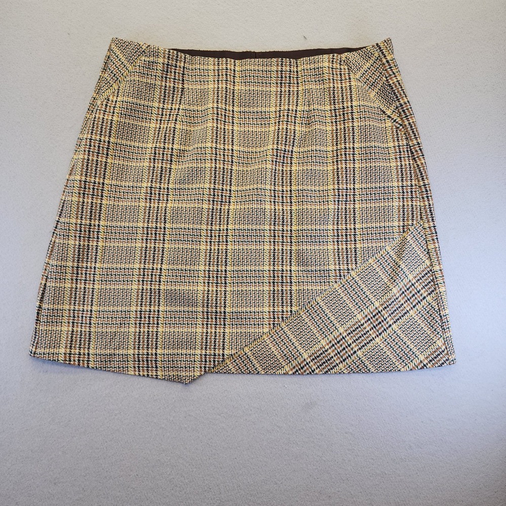 Cabi Pursuit Skirt Large Brown‎ Tan Plaid Asymmetrical Wrap Career Mini Skirt